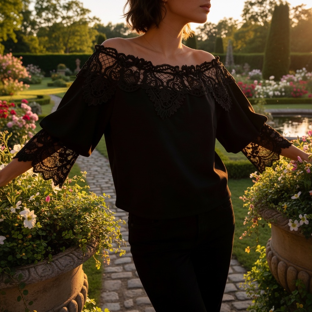#A257  CQ by CQ  Romantic  Black Lace Off-Shoulder Chic Vintage Top NWOT  L - Picture 2 of 11